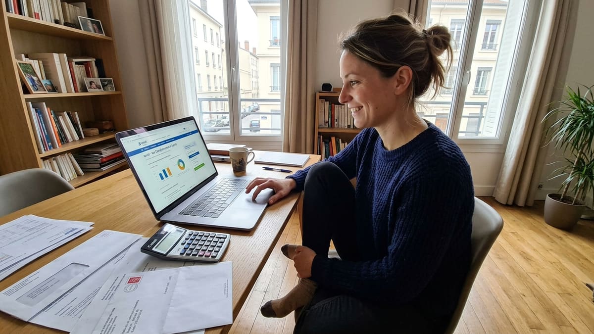 Remboursement ostéopathe par la mutuelle en France Une femme souriante consulte sa mutuelle en ligne pour le remboursement ostéopathe