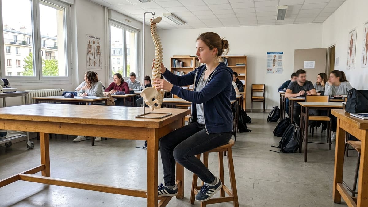 Étudiant en ostéopathie manipulant un modèle anatomique de colonne vertébrale