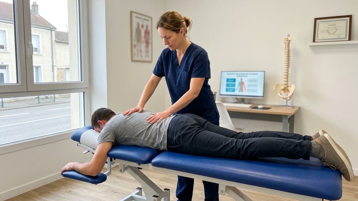 Un ostéopathe manipulant doucement le dos d’un patient pour soulager la douleur lombaire et améliorer la mobilité articulaire, illustrant pourquoi consulter un ostéopathe et quand est-ce nécessaire.
