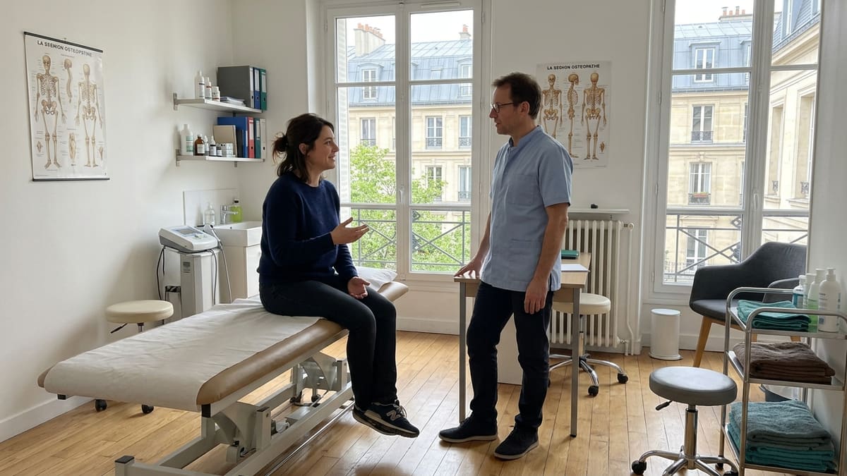 Femme discutant avec un ostéopathe à Paris dans un cabinet moderne et lumineux.